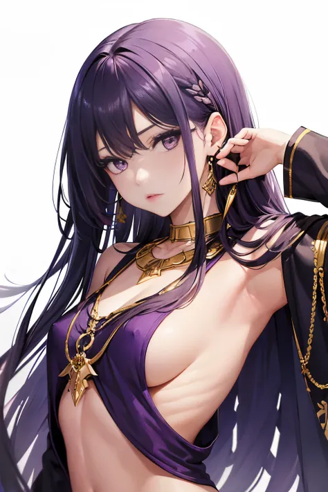 1girl, solo, upper body, looking at viewer, white background, light long hair, makeup, parted lips, necklace, gold, eyeliner, , ((purple eyes)),nsfw