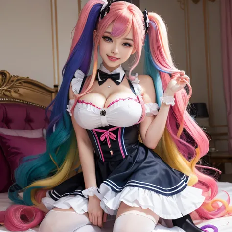 big hair,
color: spectrum,
hair extensions,
lip filler, french maid uniform,
rainbow hair,
very long hair,
vivid colors, large breasts, smile, bedroom, kneeling