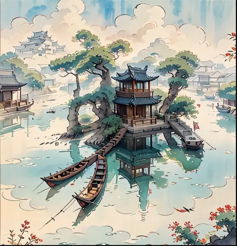 Ancient Chinese buildings on an isolated island，kiosk，Bamboo miscellaneous tree，cloud，green trees，Orange trees, chinese watercolor style, chinese painting style, Chinese landscape, traditional Chinese watercolor painting, chinese paintings, High detail wat...