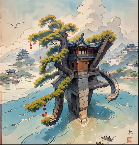 Ancient Chinese buildings on an isolated island，kiosk，Bamboo miscellaneous tree，cloud，green trees，Orange trees, chinese watercolor style, chinese painting style, Chinese landscape, traditional Chinese watercolor painting, chinese paintings, High detail wat...