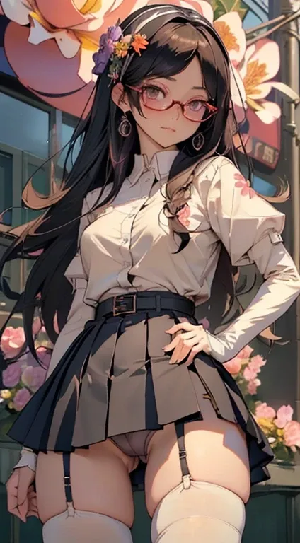 (Long black straight hair)、 Walk forward、Full body posture、 (A detailed eye、二重まぶた、eye glasses、embarrassed from)、 (School Uniforms:1.3)、(sexy super mini pleated skirt:1.3)、(Skirt lift:1.3)、(showing sexy micro panties:1.3)、(garterbelts:1.3)、(thigh-high socks...