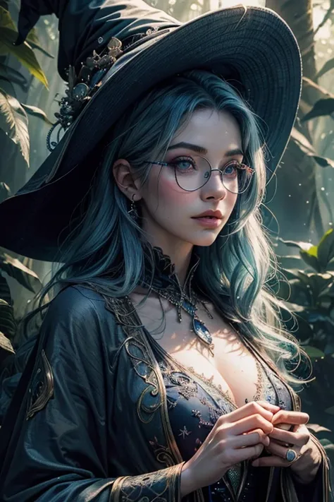 (best quality,highres,masterpiece:1.2),ultra-detailed,(realistic:1.37),(HDR),sexy,blue haired girl with glasses,beautiful detailed eyes,beautiful detailed lips,extremely detailed eyes and face,long eyelashes,witch hat and robe,fantasy landscape,enchanted f...