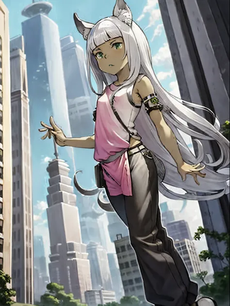 Ochette, 1girl, crowded city, green eyes, giantess, massive, tall, cute, full body picture, buildings, gao, larger than buildings, best quality, pink clothing, buildings nearby, between buildings, taller than skyscrapers, flat ground, standing, ground visi...