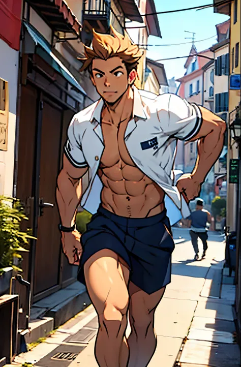 A mais alta qualidade, on a street similar to Europe , correndo , adolecente, lion men, blowing a regatta shirt ,  expressao divertida, masculo, chest a little tight in the shirt, (angulo de baixo), pernas definidas, defined arms, abdomen definido, com a c...