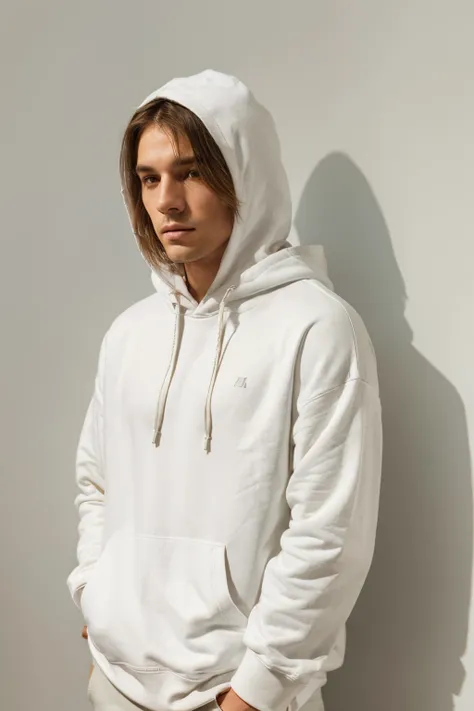 Minimalistic concept of a man wearing a white hoodie, standing against a pastelcolored wall, with soft side lighting casting geometric shadows on the wall and the
hoodie. His hand casually in the hoodie pocket, emphasizing the area for design
placement
--a...