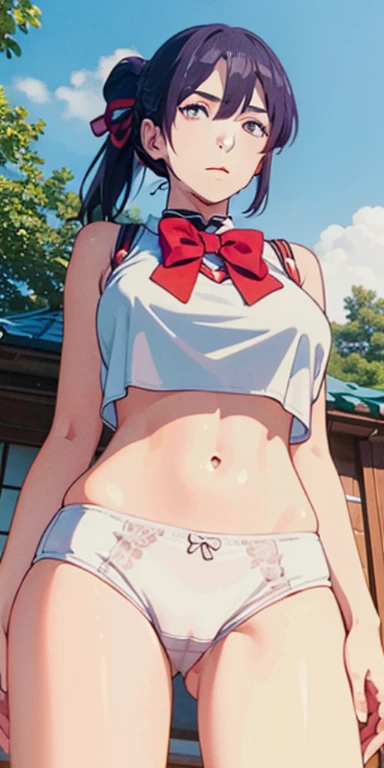 miyamizu_mitsuha, red bowtie,
jewelry, white yoga crop top, white yoga tight shorts, hands on chest,see-through, looking at viewer,  hair ornament, choker, shy,
(masterpiece, top quality, best quality, official art, beautiful and aesthetic:1.2), (1 girl), ...