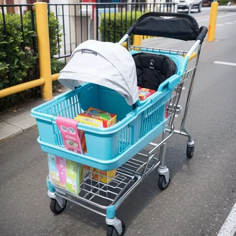 shopping cart，Has a baby seat，There  a shopping basket big enough，Can provide entertainment for children