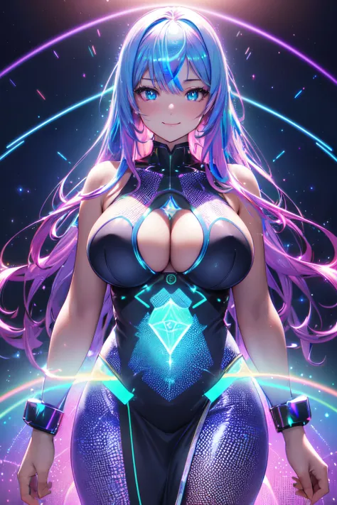 (High quality, High resolution, Fine details), (digitalistic), (holographic woman:1.5), glowing skin, rainbow colors, shimmering hair, vibrant makeup, futuristic setting, soft lighting, ethereal background, colored lights, (transparent dress:1.5), radiant ...