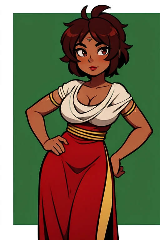 dark skinned female, Roman clothing, barnet, red lips