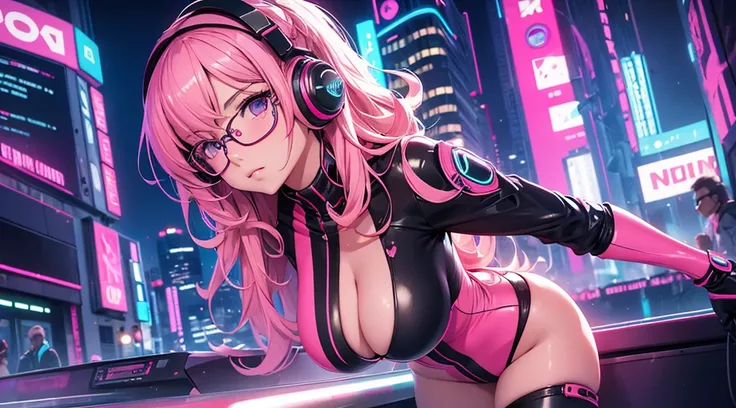 Masterpiece, best quality, dutch angle shot, 1 girl, pink wavy hair, glasses, futuristic body suit, headphones, looking at viewer, sexy, alluring, city at night, neon, 80s, synthwave