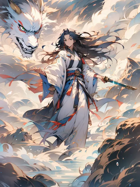 Feixian, sand, forest, water and green mountainlying sword，long hair flowing，surrounded by cloud，Taoist robes and white clothes，See you shameless，evilsmile