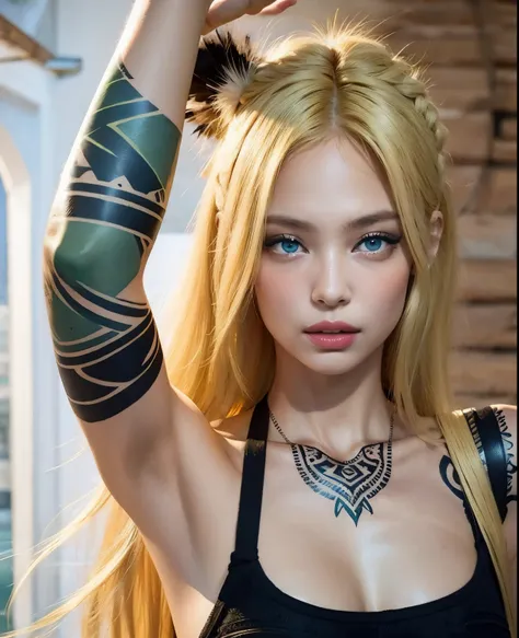 1 girl with long blonde hair, com olhos verdes, tribal tattoo on arm