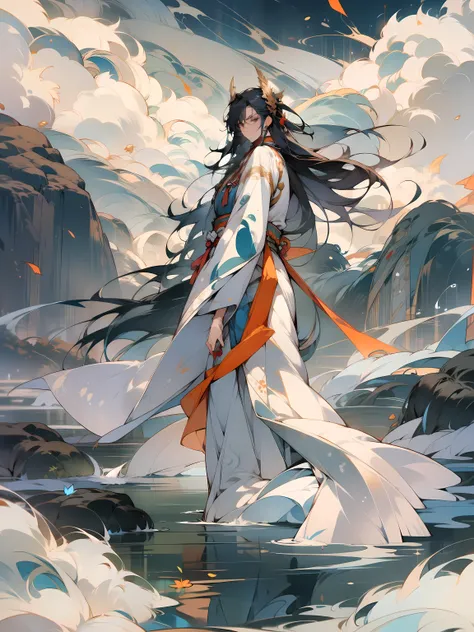 Feixian, sand, forest, water and green mountainlying sword，long hair flowing，surrounded by cloud，Taoist robes and white clothes，See you shameless，