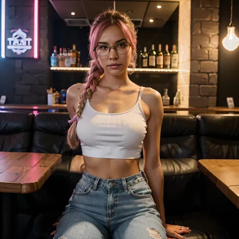 Bryona ventures into a vibrant new bar, pink braid har, white crop top,pink jeans trouser, sitting in a bar,. The atmosphere lively, with the hum of esport games and the clinking of glasses. Bryona eagerly explores the gaming options, her eyes lighting up ...