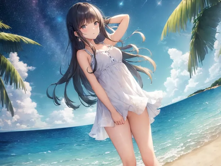 (((masterpiece))),best quality,sundress,ocean,((starry sky)),standing,from below,(beautiful detailed girl),earrings,long hair,swept bangs,sliver hair, (1 girl),hand in own hair,wind,water splash