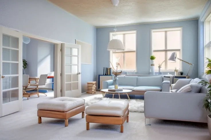 a classic living room, wooden floor, white plaster ceiling, sofa, glass window, glass door, gray carpet, blue wall, classic style, high quality photo, sunlight coming in