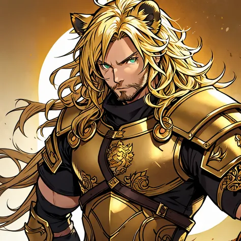 fantasy sun armor, one male, lion ears, long hair, blond, blond hair, green eyes, tall, muscular, beautiful face, highest qualit...