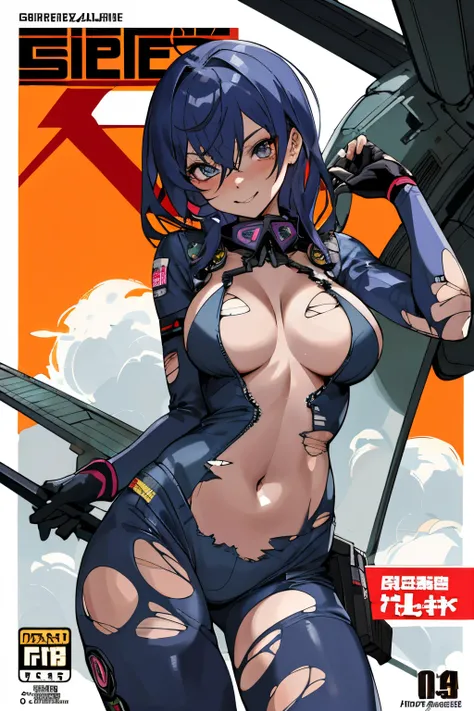 nsfw:1.1,  Erotic grid girlOneesama , badas, embarrassed pose, (pilot Suit Combination Babydoll:1.6) ,(completely torn costume:1.5), Bare navel, show off breasts,, (huge breasts:1.2), Unzipped , scientific fiction, exoskeleton, hold  massive weapon , {{{{b...