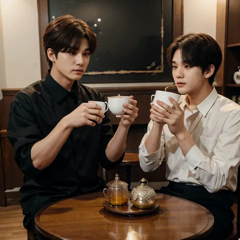 BTS Kim Taehyung and Min Yoongi drinking tea and talking sitting at a table