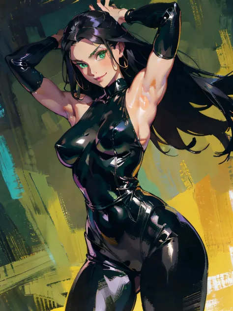 Close up of a smiling woman，black leather pants，Plump long leglonde hair，GREEN eyes，Very fleshy，Sweat all over the body，The legs are thicker，But the waist  thin，Bodysuit，Gradient black silk，The expression  charming，Exposing armpits，rich detail