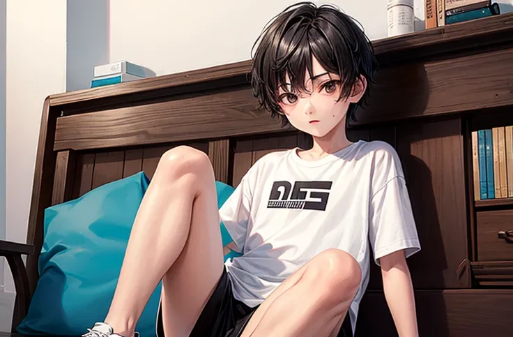 1 boy, sharp black eyes, short black hair, white shirt, black shorts, sneakers, 8k, high quality, highly detailed, best quality, (masterpiece), 15 years old look, library, sitting.