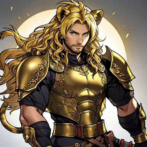 fantasy sun armor, one male, lion ears, long hair, blond, blond hair, green eyes, tall, muscular, beautiful face, highest qualit...