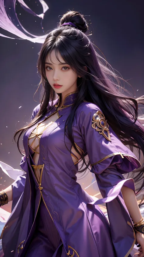 model shoot, (1 girl), long hair, Islamic warrior, purple outfit, laces, shining:1.5, hyper realistic, super detailed, Dynamic shot, masterpiece, scene sharp détails, perfect eyes, perfect skin, perfect hands, attractive poses,