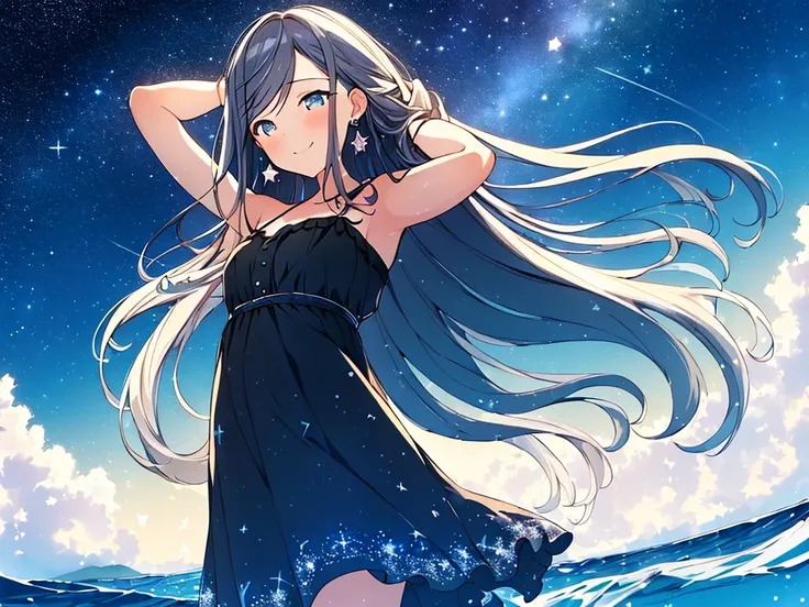 happy,(((masterpiece))),best quality,sundress,ocean,((starry sky)),standing,from below,(beautiful detailed girl),earrings,long hair,swept bangs,sliver hair, (1 girl),hand in own hair,wind,water splash