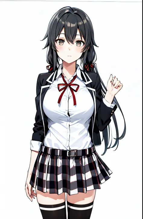 1 girl as yukino yukinoshita, absurdres,  highres, solo, school uniform, big breasts, waist long black hair, twintails, miniskirt, black thighhigh socks, loose red ribbon, unbuttoned white shirt