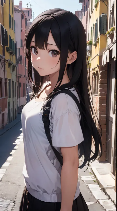 teens girl、portrait of a full body、Focus on the face、Kamimei、begging、Third-person perspective、Venice background、top-quality、Delicate na、detaileds、​masterpiece、Real Stick、3D background、Backgrounds with depth、Realistically exaggerate changes in material text...