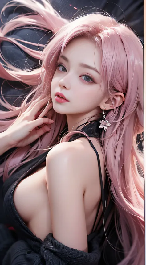 （((on the beds、Woman sleeping face down))）、((posterior view))、（The back  visible）、（Sleeping face down）1 girl, Silver hair, striated hair, Bangs, Blunt bangs, Long hair, Pink hair, aqua eyes, longeyelashes, Purple eyes, makeup, Smile, Parted lips, Realism, ...