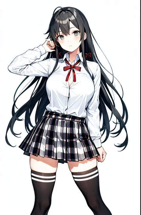 1 girl as yukino yukinoshita, absurdres,  highres, solo, school uniform, big breasts, waist long black hair, (twintails:0.5), miniskirt, black thighhigh socks, loose red ribbon, unbuttoned white shirt