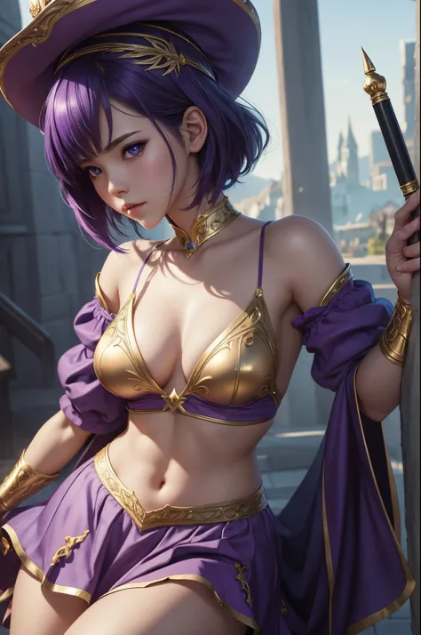 8K,Lolita girl,Goddess in purple costume and wizard&#39;s hat holding a magic wand, Super beautiful eyes,Golden eyes,light purple short bob hair,purple and gold skirt,small breasted goddess,very detailed Artgerm, ig model | ArtGerm, Style ArtGerm, style of...