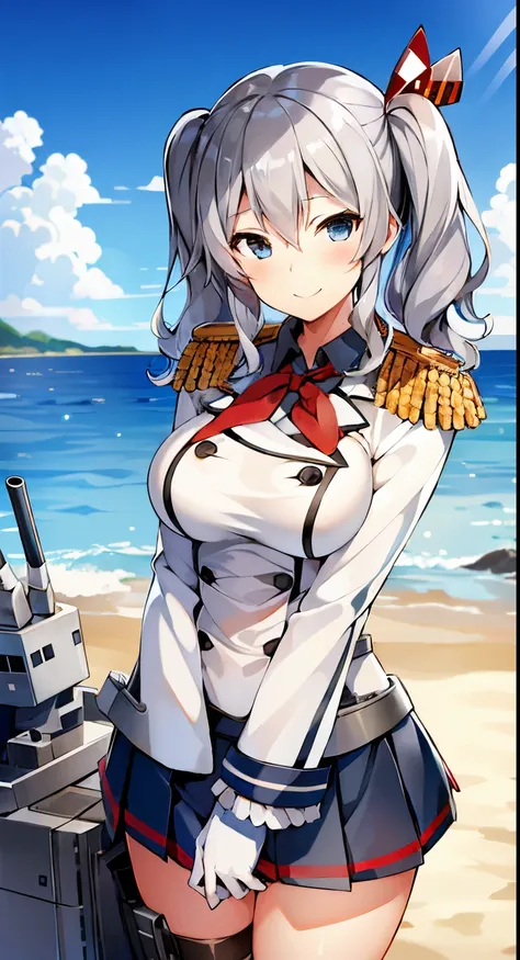 1girl, solo, masterpiece, best quality, standing, blue sky, ocean, ready for battle, serious, smile, kashimarig, kashima \(kanco...