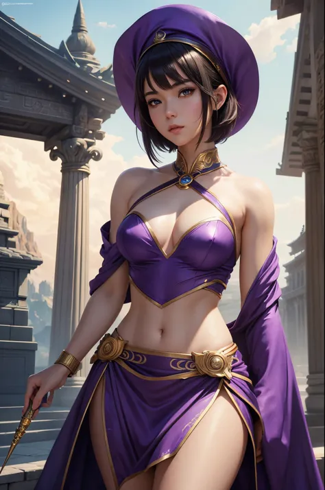 8K,A goddess with very small breasts,Goddess in purple costume and wizard&#39;s hat holding a magic wand, Super beautiful eyes,Golden eyes,light purple short bob hair,purple and gold skirt,small breasted goddess,very detailed Artgerm, ig model | ArtGerm, S...