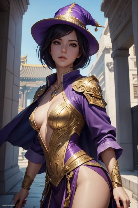 8K,A goddess with very small breasts,Goddess in purple costume and wizard&#39;s hat holding a magic wand, Super beautiful eyes,Golden eyes,light purple short bob hair,purple and gold skirt,small breasted goddess,very detailed Artgerm, ig model | ArtGerm, S...