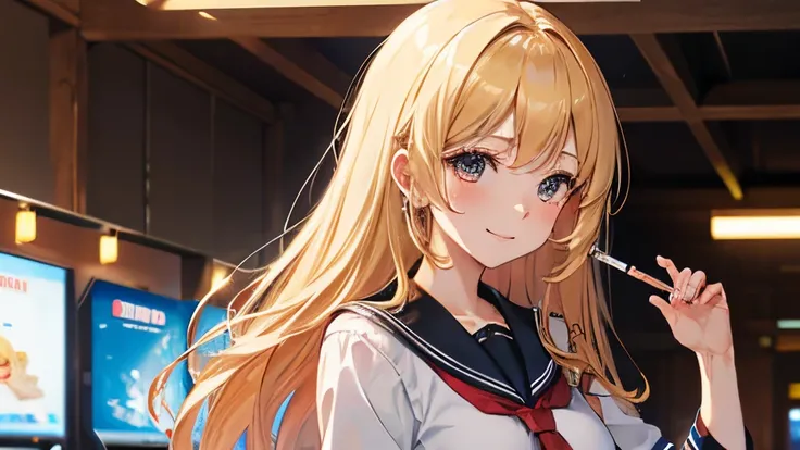 arcade game,playing a racing game,​masterpiece,Top image quality,hight resolution,Mabayashi Kitagawa,1 girl,Beautiful fece,blonde  hair,long hair down to the back,summer sailor uniform,jewely,耳环,red tie、Plaid skirt、close up of face、girl with、black eyes、Tsu...