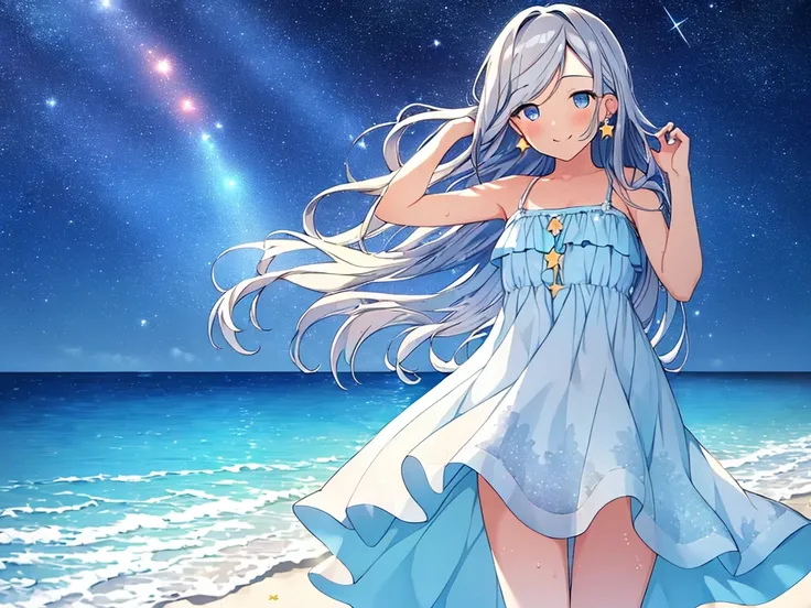 happy,(((masterpiece))),best quality,sundress,ocean,((starry sky)),on back,from below,(beautiful detailed girl),earrings,long hair,swept bangs,sliver hair, (1 girl),hand in own hair,wind,water splash