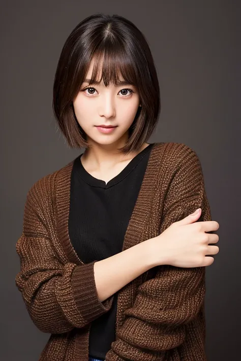 An ultra-high picture quality、Perfect Photo、japanes、Two beautiful girls、15yo student、Black background、Brown cardigan、Brown sweater、Photography Studio、a short bob、Light makeup、press cheek to cheek、serious facial expression、up of face