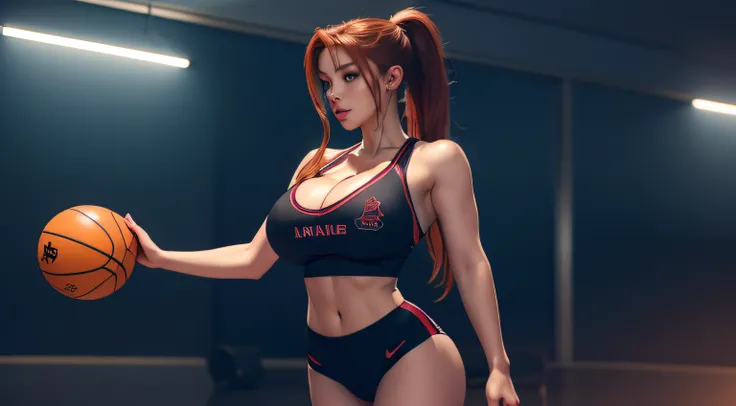 redhead, gigantic breasts, thin waist, wide hips, high detail, 4k, sports bra, cleavage, ((full body)), intricate details, beautiful face, breasts bigger than head, ponytail