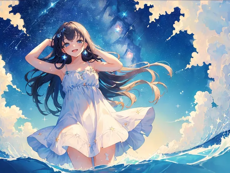 happy,(((masterpiece))),best quality,sundress,ocean,((starry sky)),standing,from below,(beautiful detailed girl),earrings,long hair,swept bangs,sliver hair, (1 girl),hand in own hair,wind,water splash