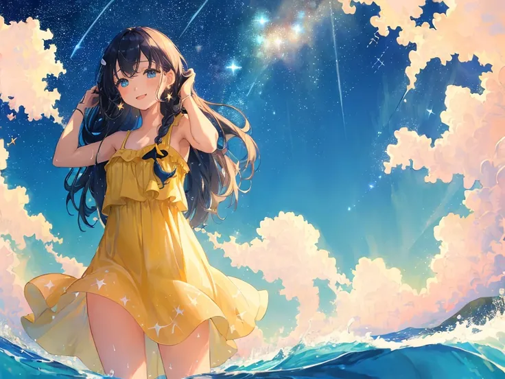 happy,(((masterpiece))),best quality,sundress,ocean,((starry sky)),standing,from below,(beautiful detailed girl),earrings,long hair,swept bangs,sliver hair, (1 girl),hand in own hair,wind,water splash