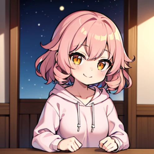 Cute little girl s, Golden eyes, Glowing eyes，pink curly hair，Hair does not tie，Happy smiling face, I wore a hoodie over my pajamas，I lost my hoodie，huge tit，light,4DHD