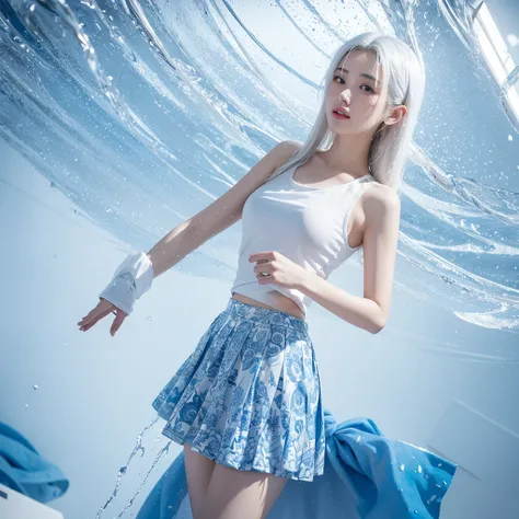 A two-dimensional girl with white hair  soaked all over and dripping with water in a blue and white patterned skirt.