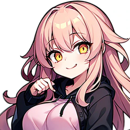 Cute little girl s, Golden eyes, Glowing eyes，long pink curly hair，Hair does not tie，Happy smiling face, I wore a hoodie over my pajamas，I opened the zipper of my hoodie.，huge tit，light,4DHD，mesugaki，tits out