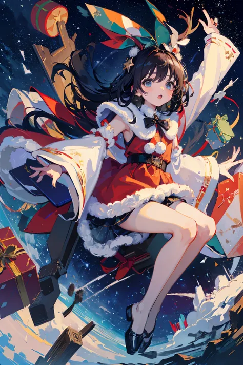 (​masterpiece、top-quality、Official art:1.2)、Look at viewers、(Little Girl))、（santa costume）（Black hair）（corpse figure），christmas tree island、Rainbow fragments are scattered、（reindeer），floating colorful starry sky、(2D:1.5)