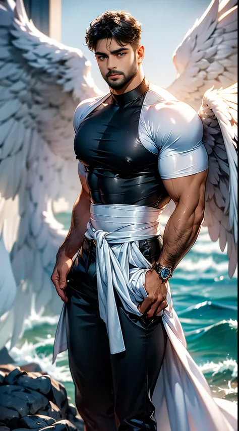 (best quality,ultra-detailed,realistic:1.37), daegan tronos character(1), handsome, dark skin, dark-tanned, perfect wings angel,...