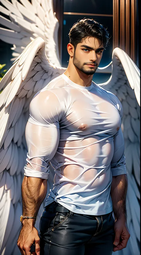 (best quality,ultra-detailed,realistic:1.37), Daegan Tronos Character(1), handsome, dark skin, dark-tanned, perfect wings angel, symmetrical wings,blue eyes,small beard, medium-long haircut,casual outfit, urban grey clothing, man stance, attractive,vibrant...