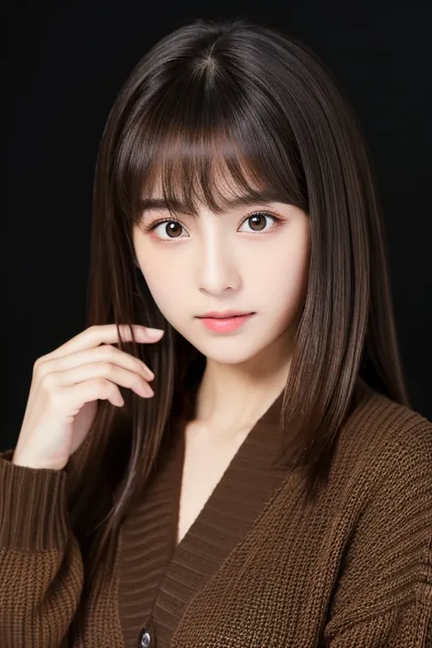 An ultra-high picture quality、Perfect Photo、japanes、Two beautiful girls、1４age、Black background、Brown cardigan、Brown sweater、Photography Studio、With bangs、A dark-haired、stright long hair、Light makeup、press cheek to cheek、serious facial expression、up of face...