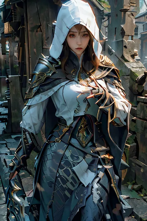 scarfed skinny female assassin doing badass pose, badass pose, white hood,  golden should amor, armoured, assassin, assassins creed, aerodynamic frame, white robe, armored, dagger, golden shoulder armor, armored dress, dagger, assassin pose, hood, hooded, ...